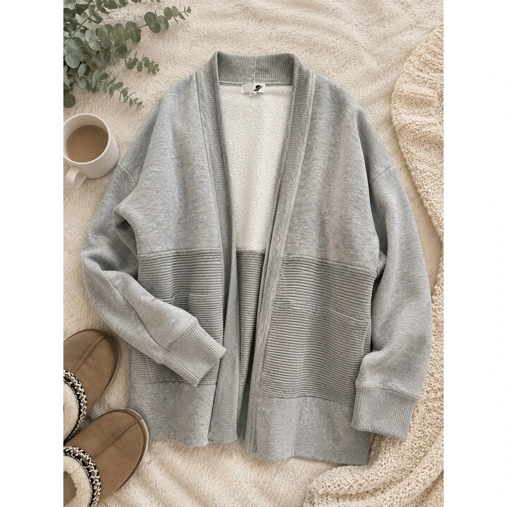 Fundamental Performance Womens XL Gray Fleece Open Front Ribbed Cardigan Wrap